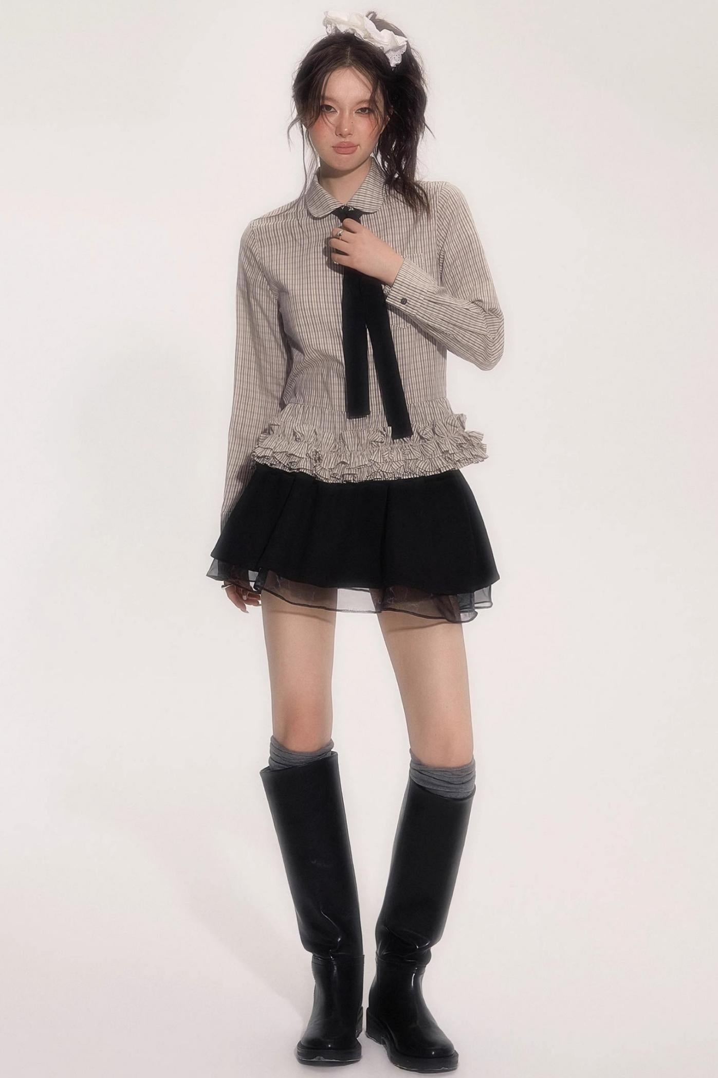 Flower Hem Shirt With Tie Set-Up