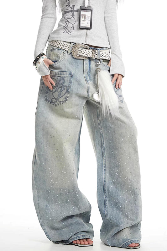 Retro Rhinestone Denim Pants