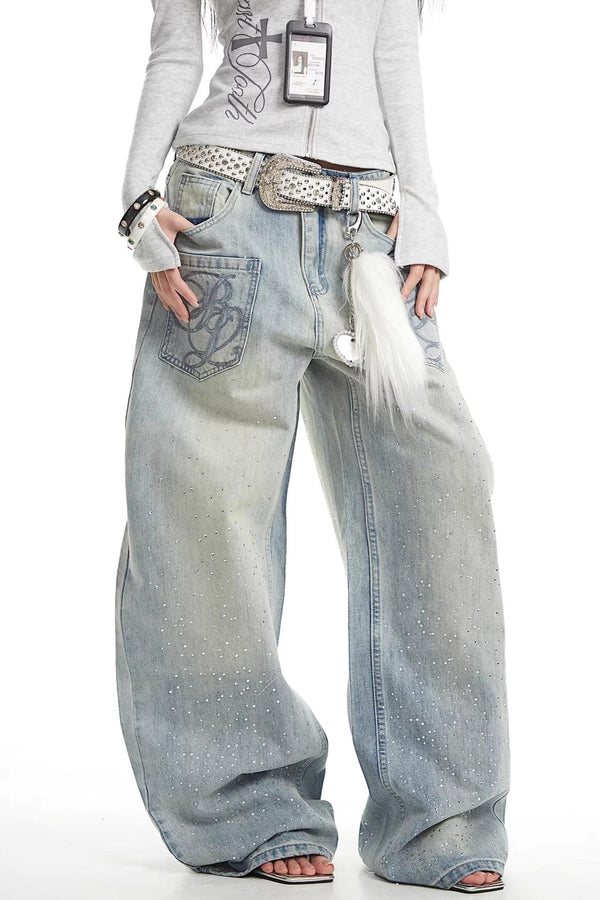 Retro Rhinestone Denim Pants