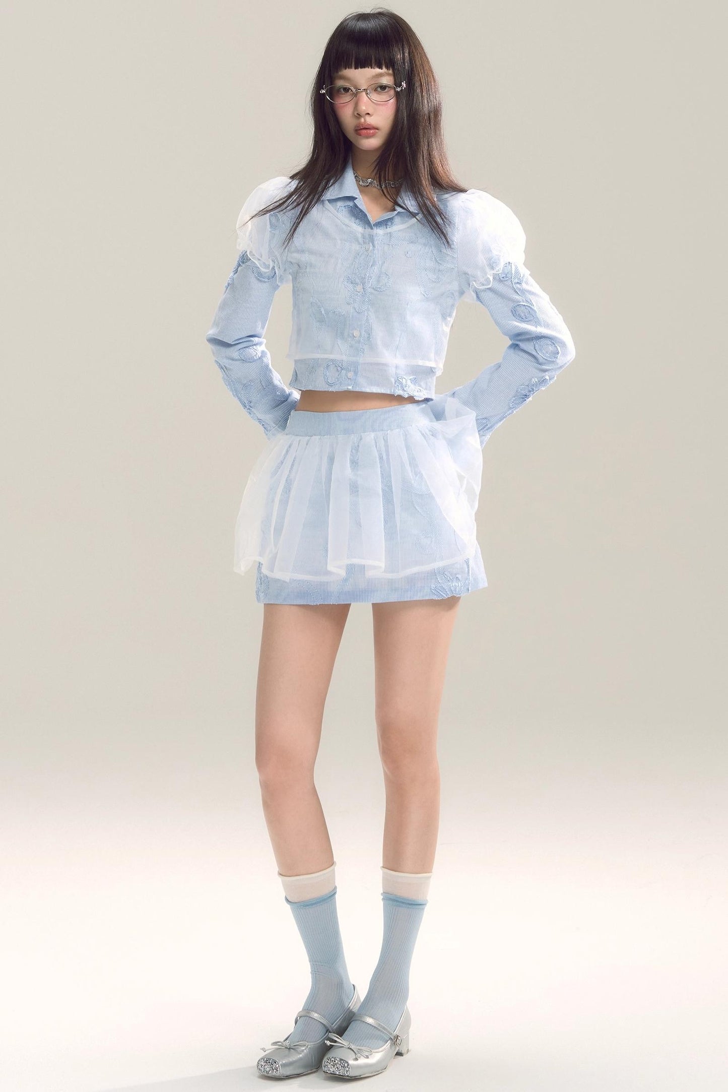 Organza Stripe Skirt Shirt Set-Up