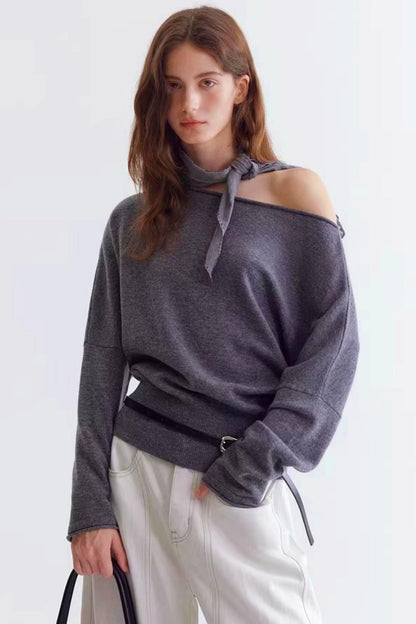 Rolled Edge Off-Shoulder Wool Sweater