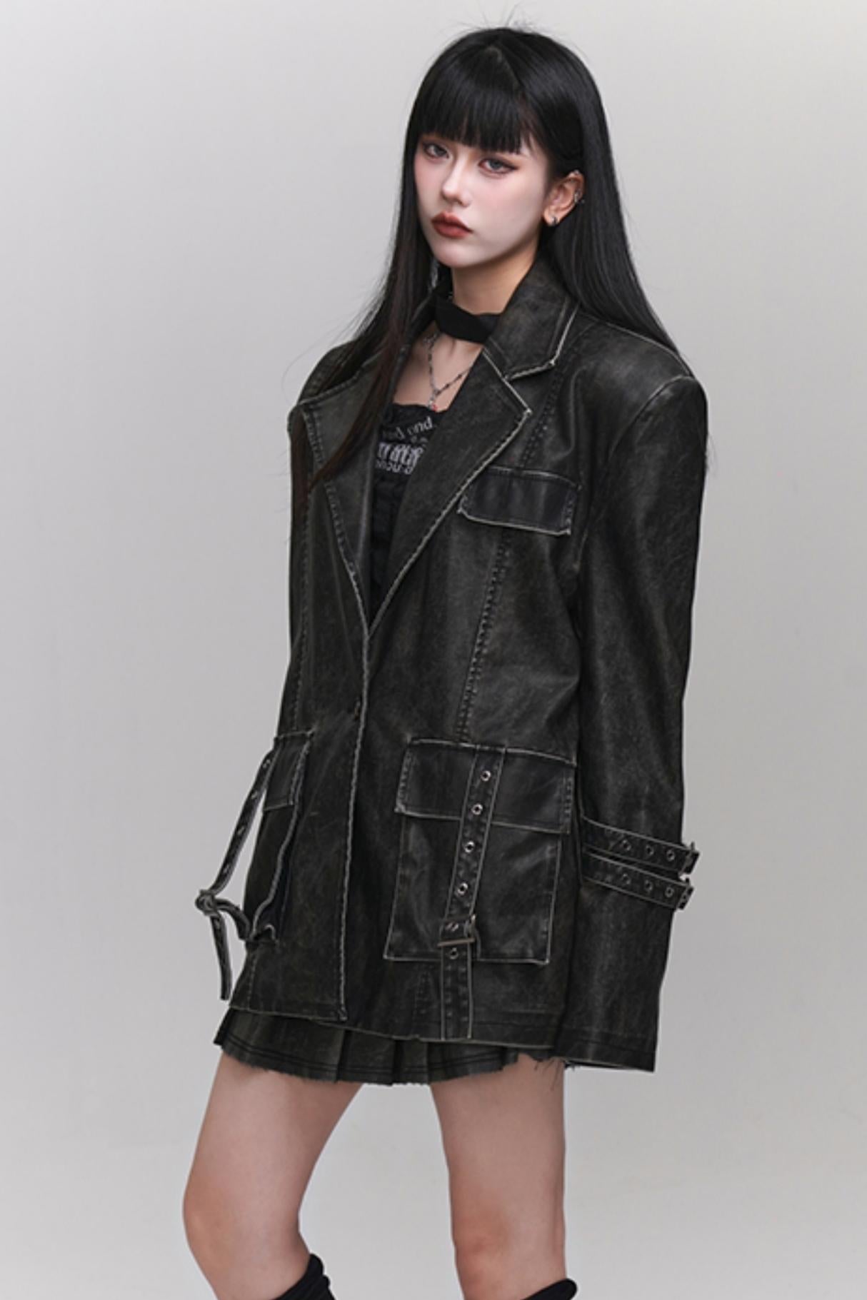 Ghost Girl Autumn and Winter Unique Super Good-looking Old Leather Jacket Women's 2024 New Cool Drag Sister Outfit