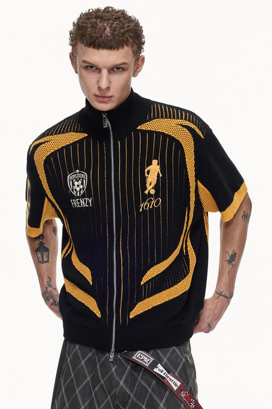 Yellow Black Mesh Knit Polo Top