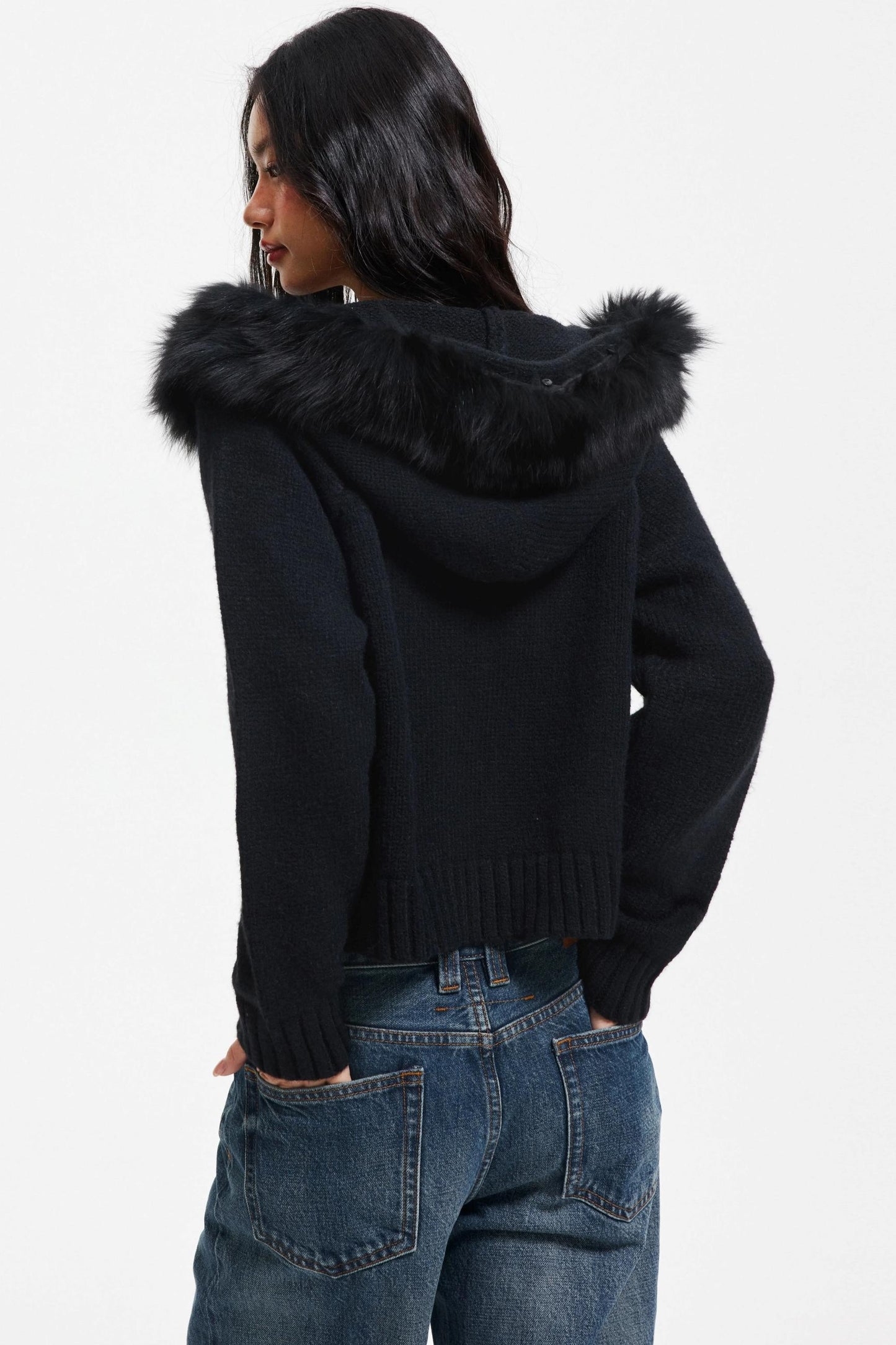 Knitted Sweater Jacket with Fur Collar