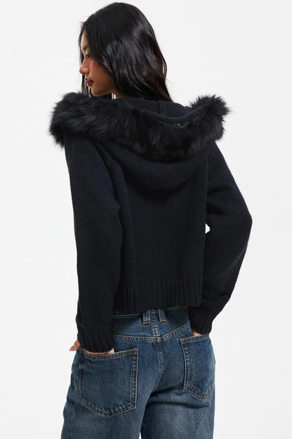 Knitted Sweater Jacket with Fur Collar