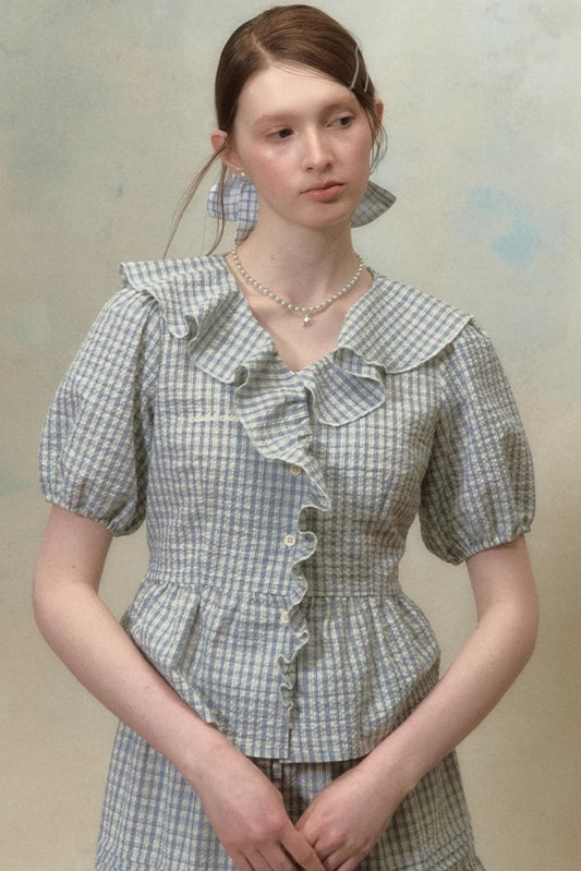 Plaid Ruffle Sleeve Blouse