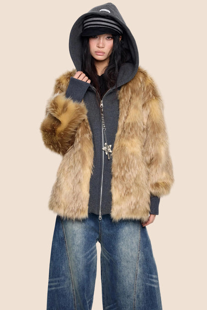 Fur Patchwork Hooded Cardigan