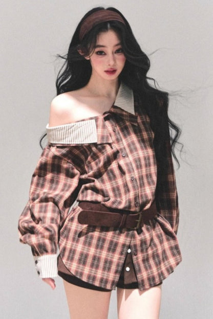 Off-Shoulder Plaid Shirt