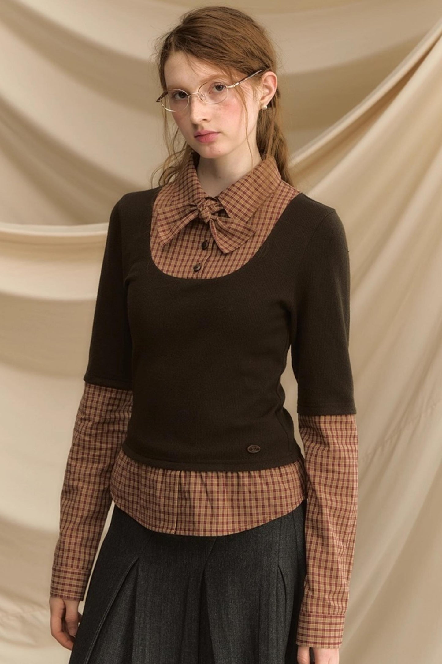 Bow Tie Plaid Slim Shirt