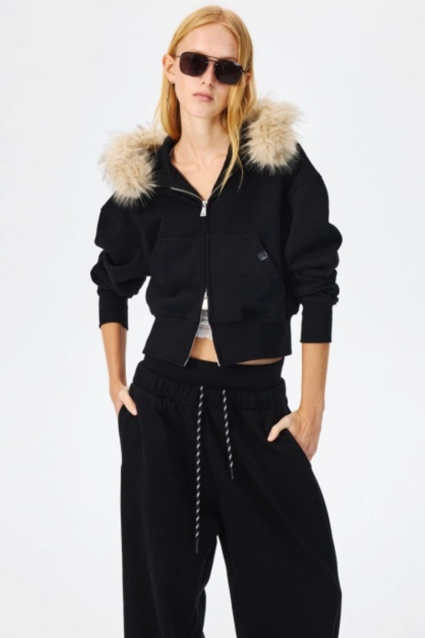 Fur Collar Hooded Sweatshirt Set-Up