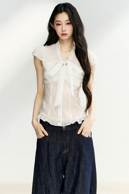 Sheer Bow-Collar Blouse