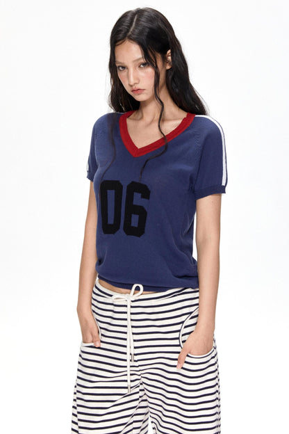 Color Block V-Neck Knit Tee
