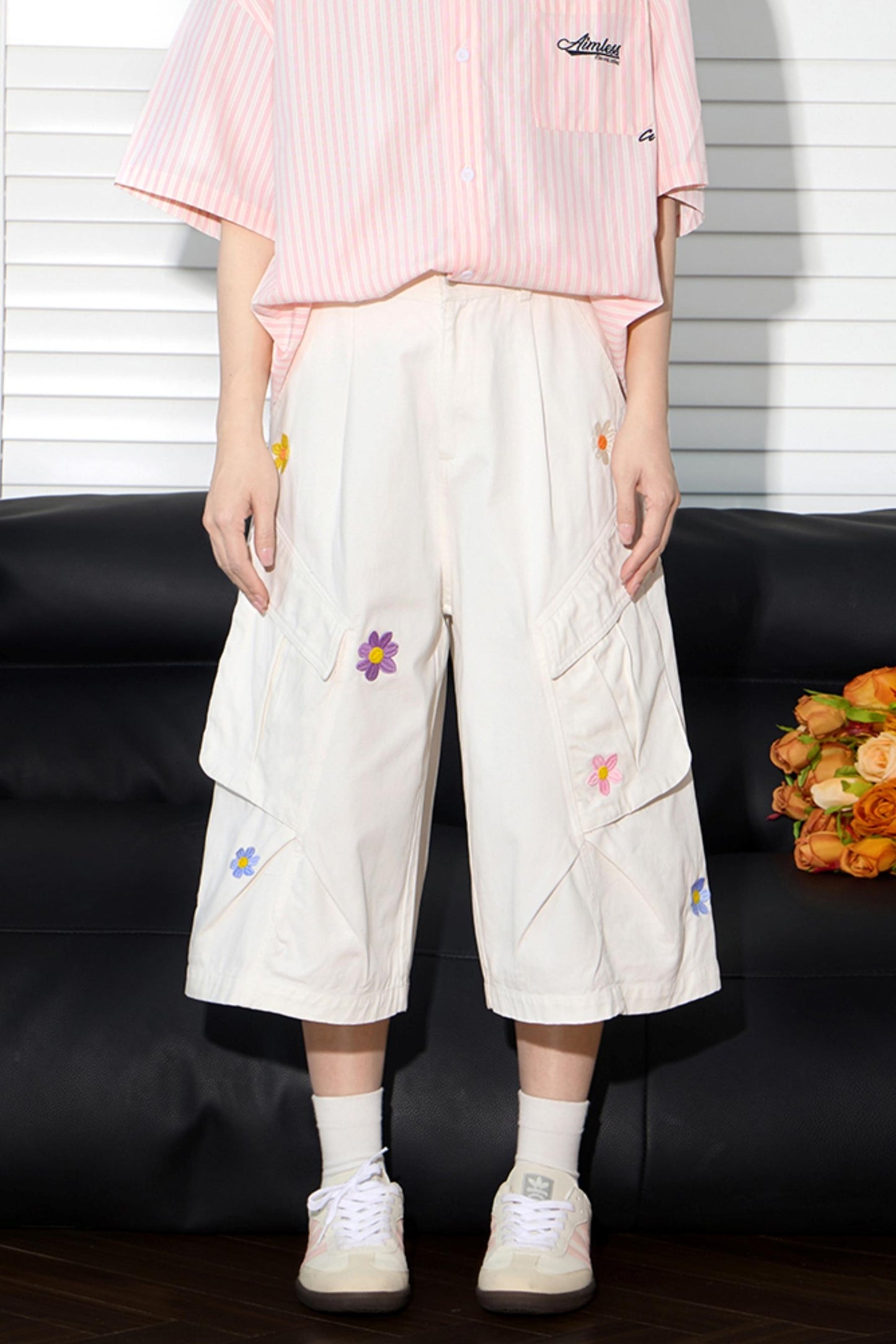 Floral Embroidered Wide-Leg Shorts