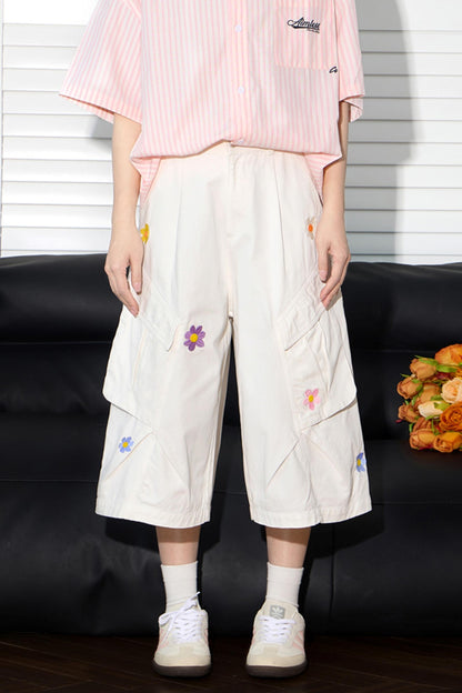 Floral Embroidered Wide-Leg Shorts