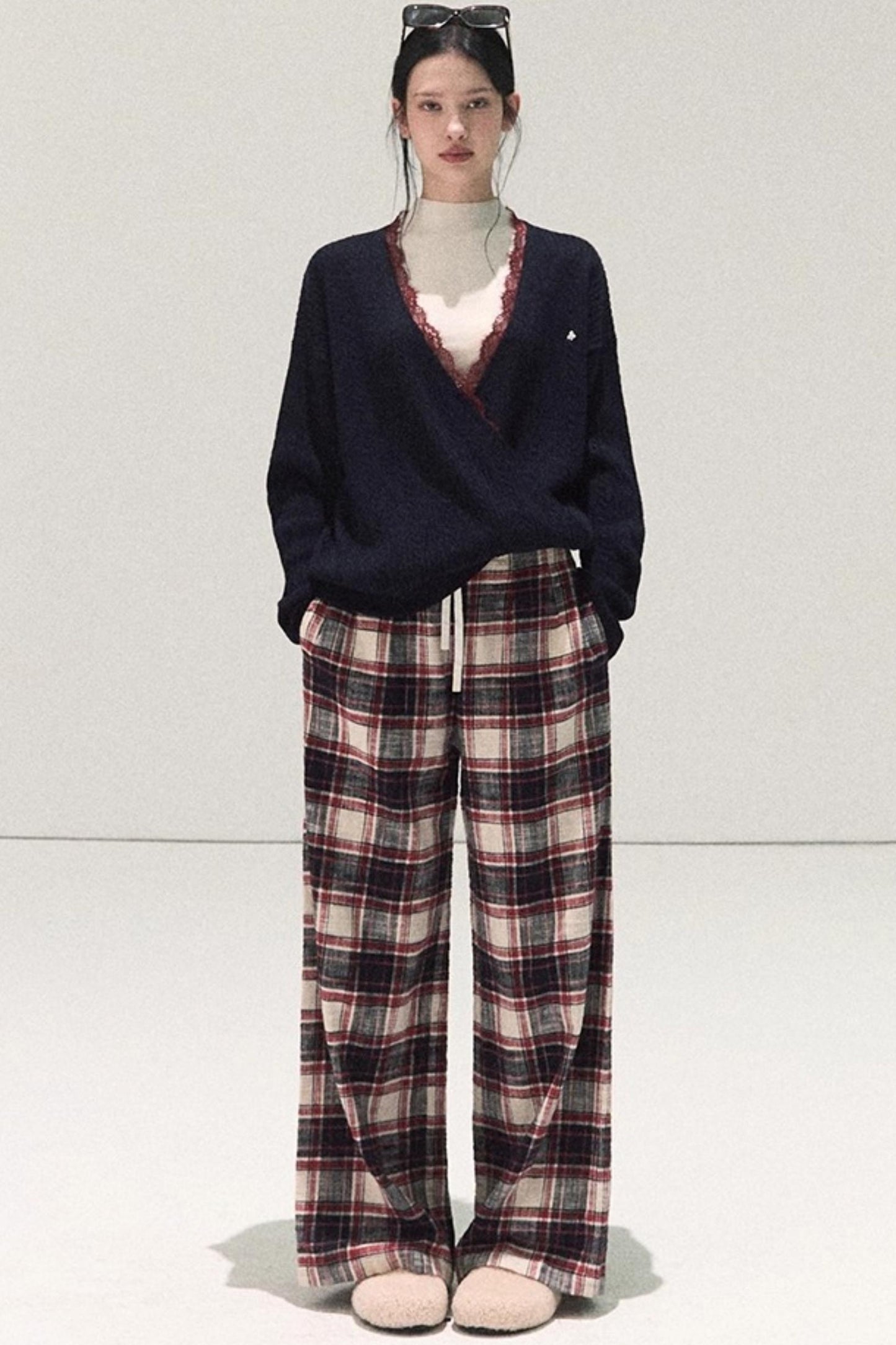 Pure Cotton Plaid Wide-Leg Pants