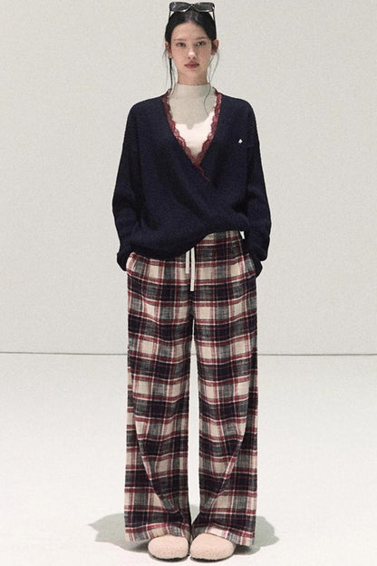 Pure Cotton Plaid Wide-Leg Pants