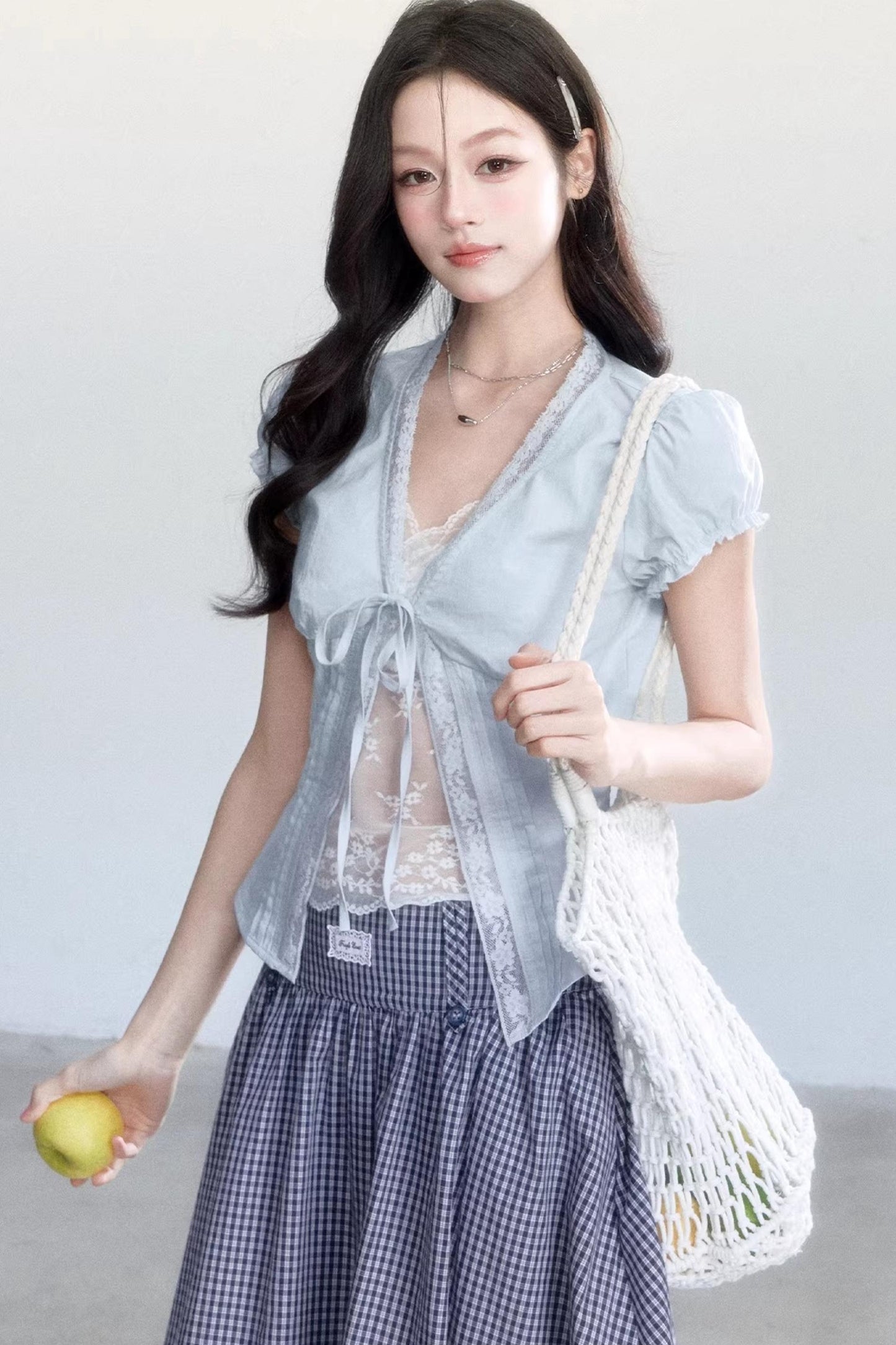 Lace-Up Top and Plaid Skirt Set-Up