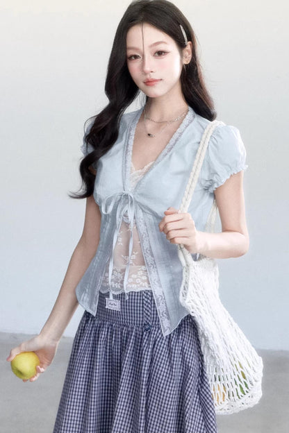 Lace-Up Top and Plaid Skirt Set-Up
