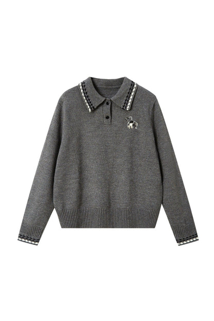 DIDDIMODA College Loving Kätzchen bestickt Polo Hals gestrickt Pullover Herbst Winter Girly Top