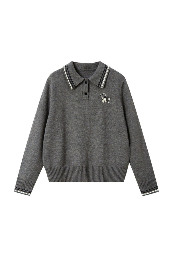 Kitten Embroidered Polo Neck Sweater