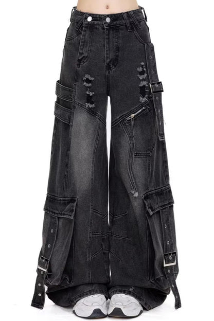 Washed Ripped Black Workwear Pants