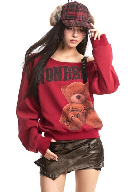 Retro Off-Shoulder Bear Sweatshirt