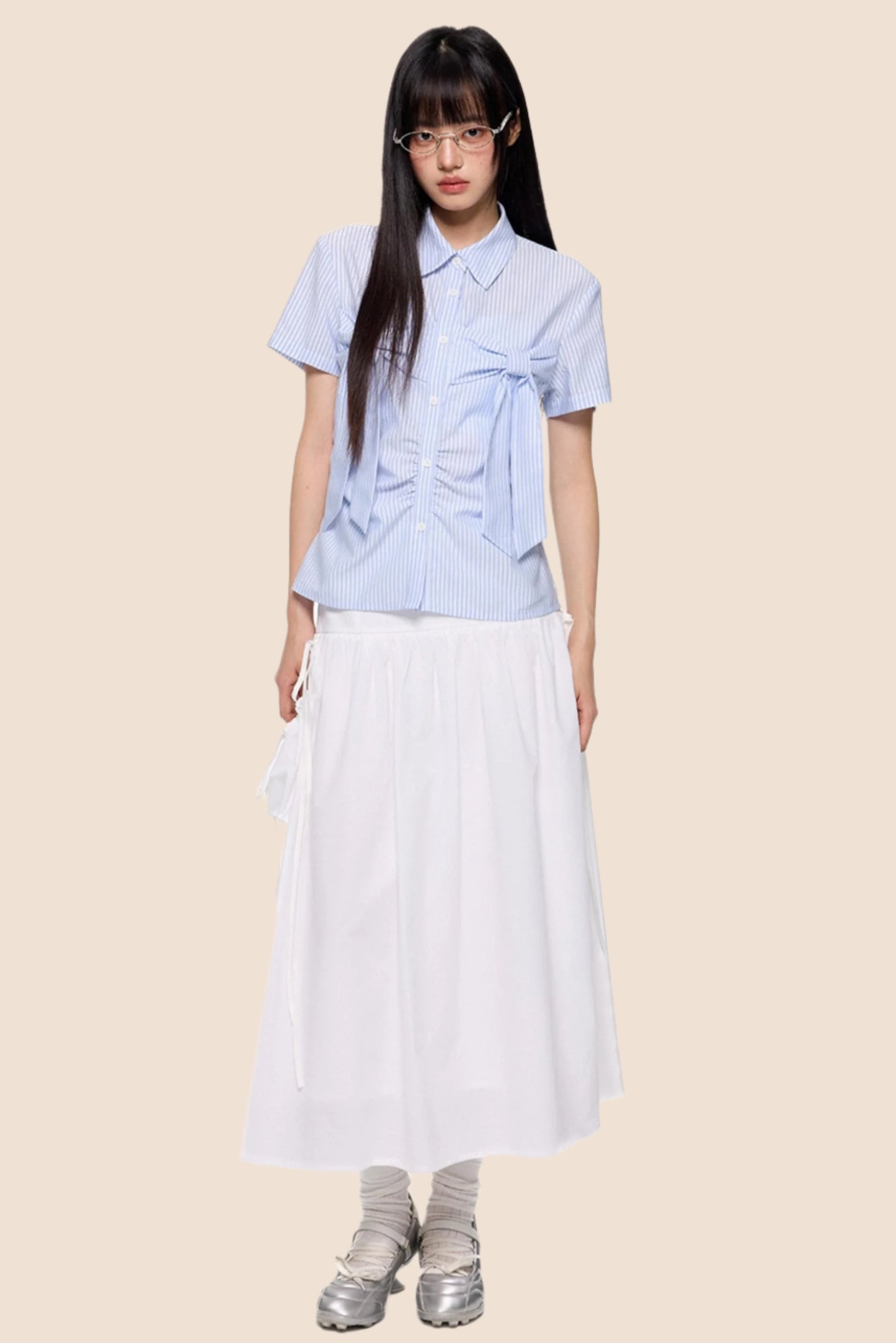 Light Blue Striped Bow Blouse