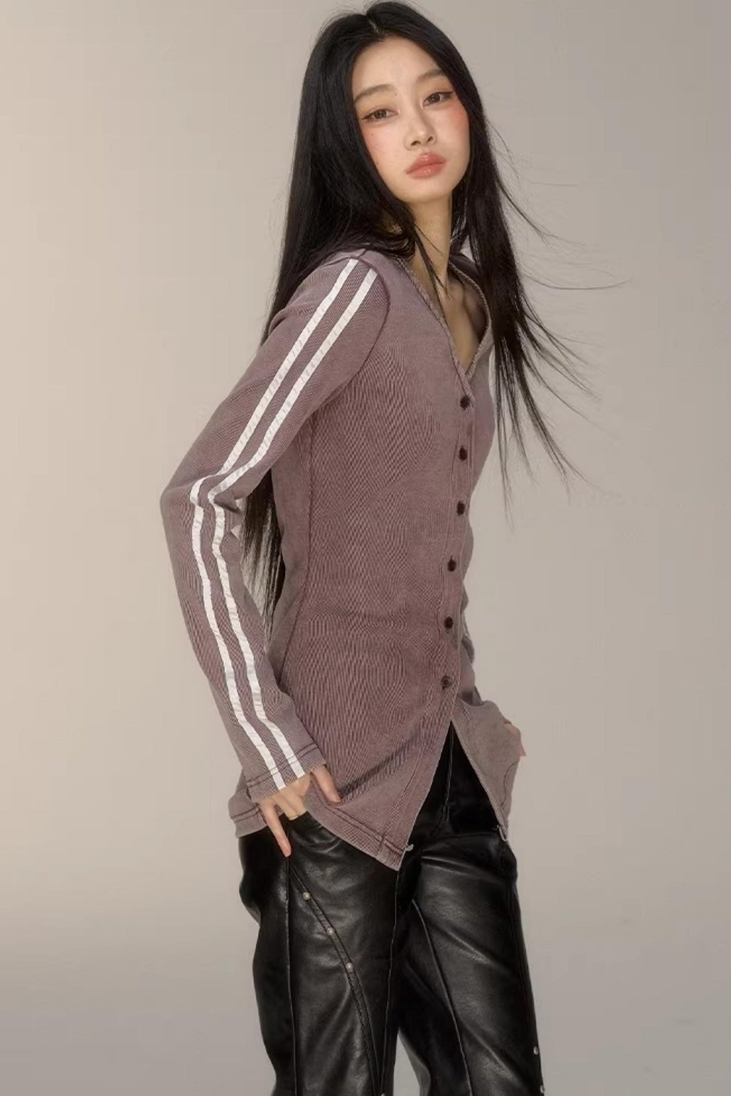 V-Neck Pinstripe Mid-Length Coat Set-Up