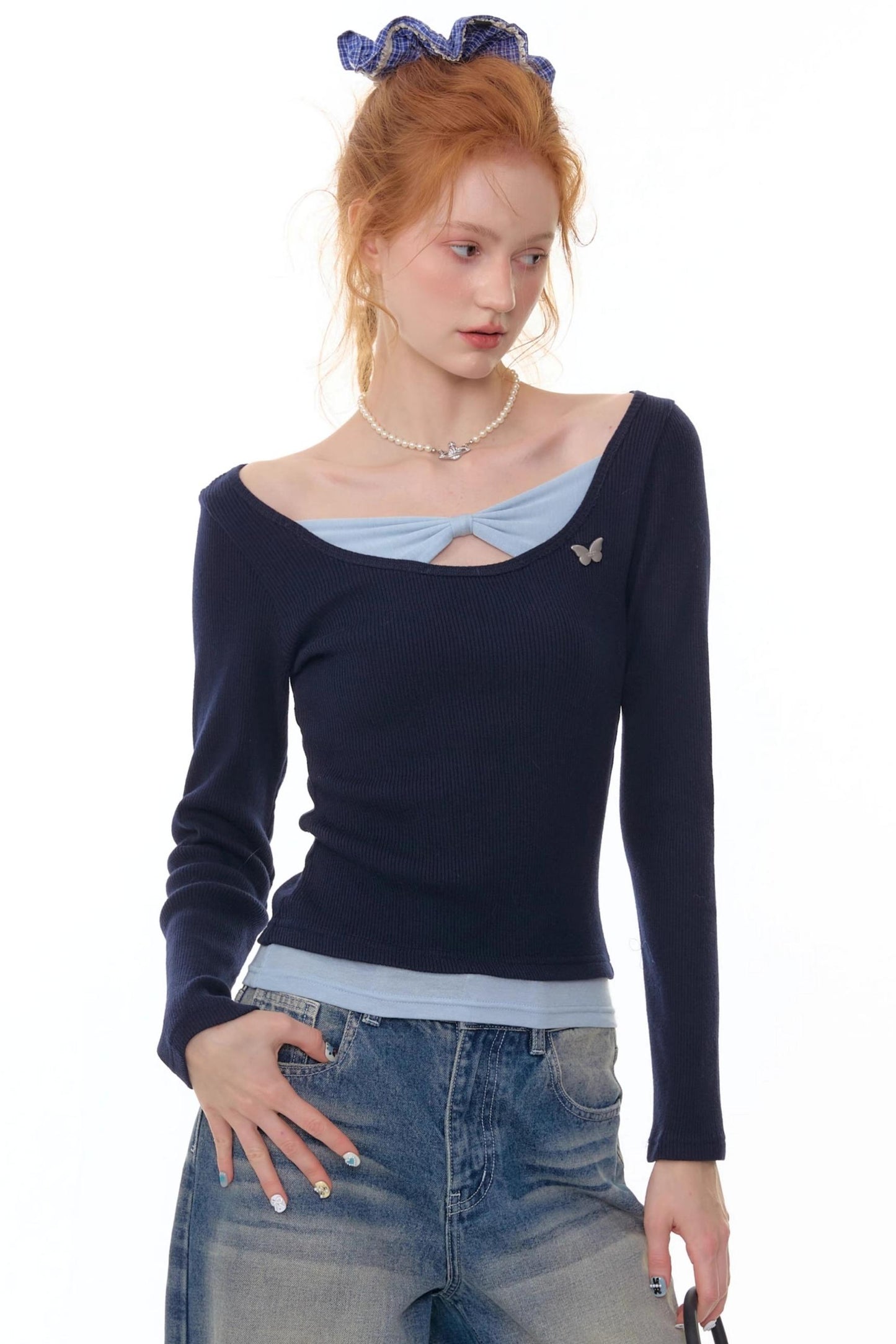 Fake Two Bow Long sleeve T-shirt