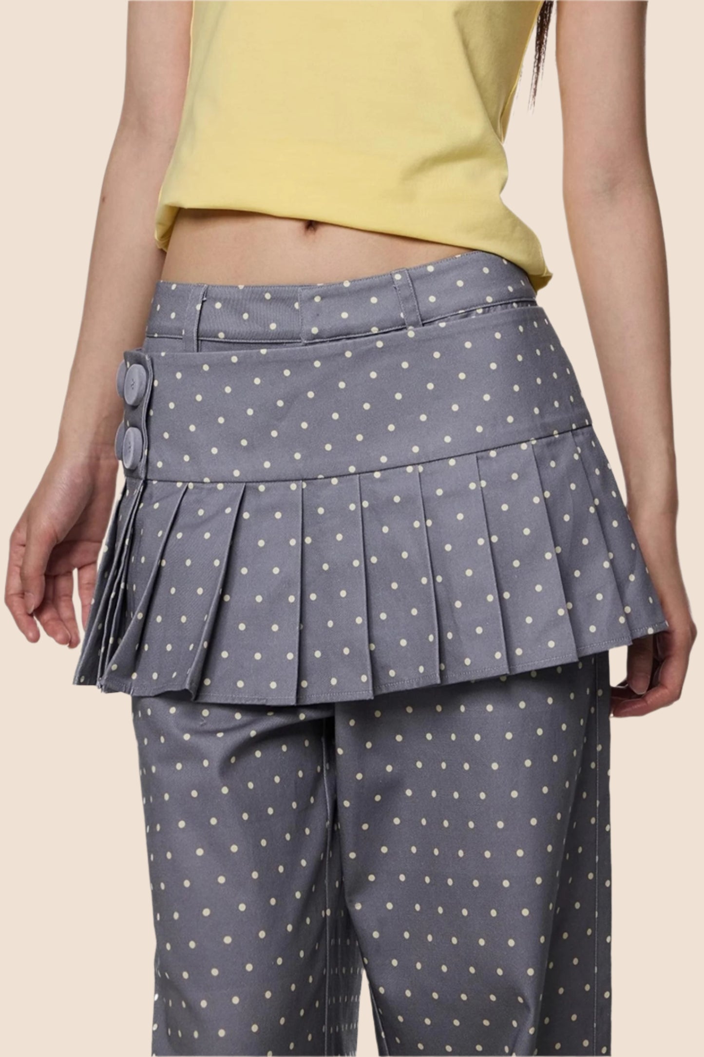 Gray And Yellow Polka Dots Pleated Skirt-Pants Set