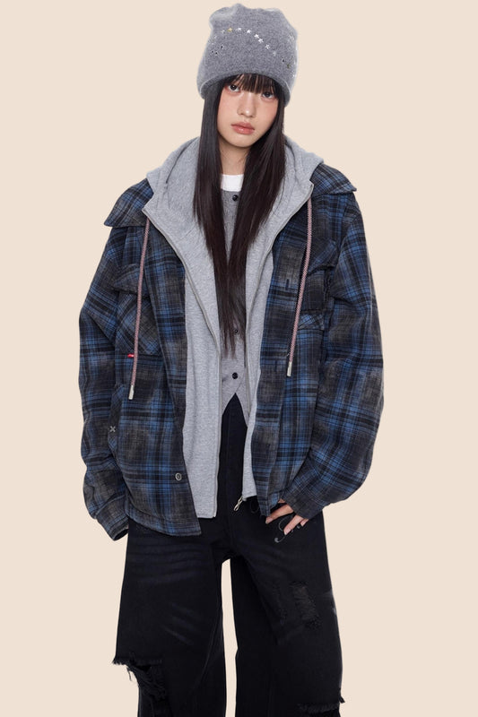Plaid Faux Two-Piece Hooded Jacket