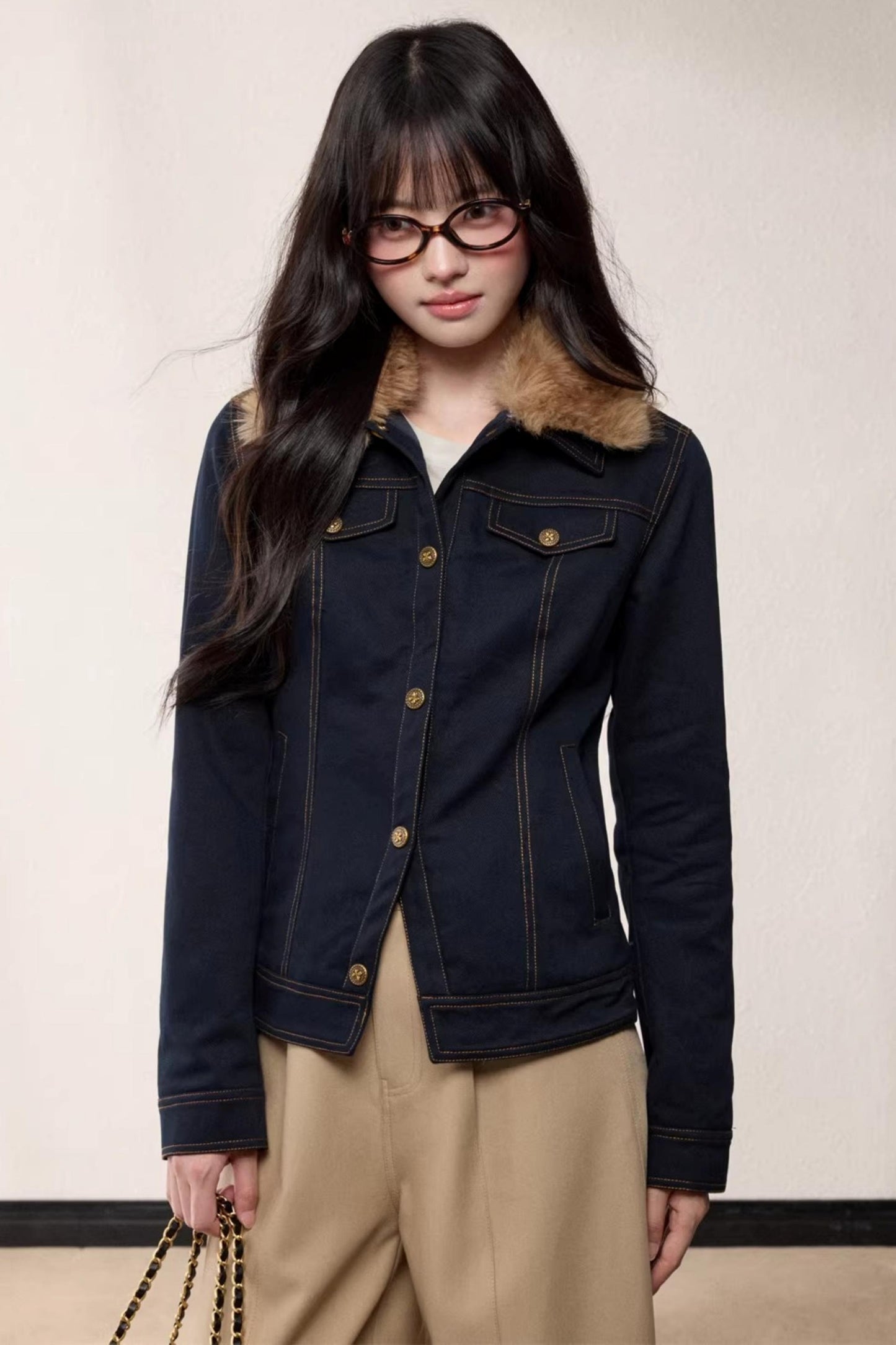 Fur Collar Patchwork Denim Jacket