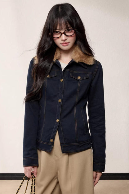 Fur Collar Patchwork Denim Jacket