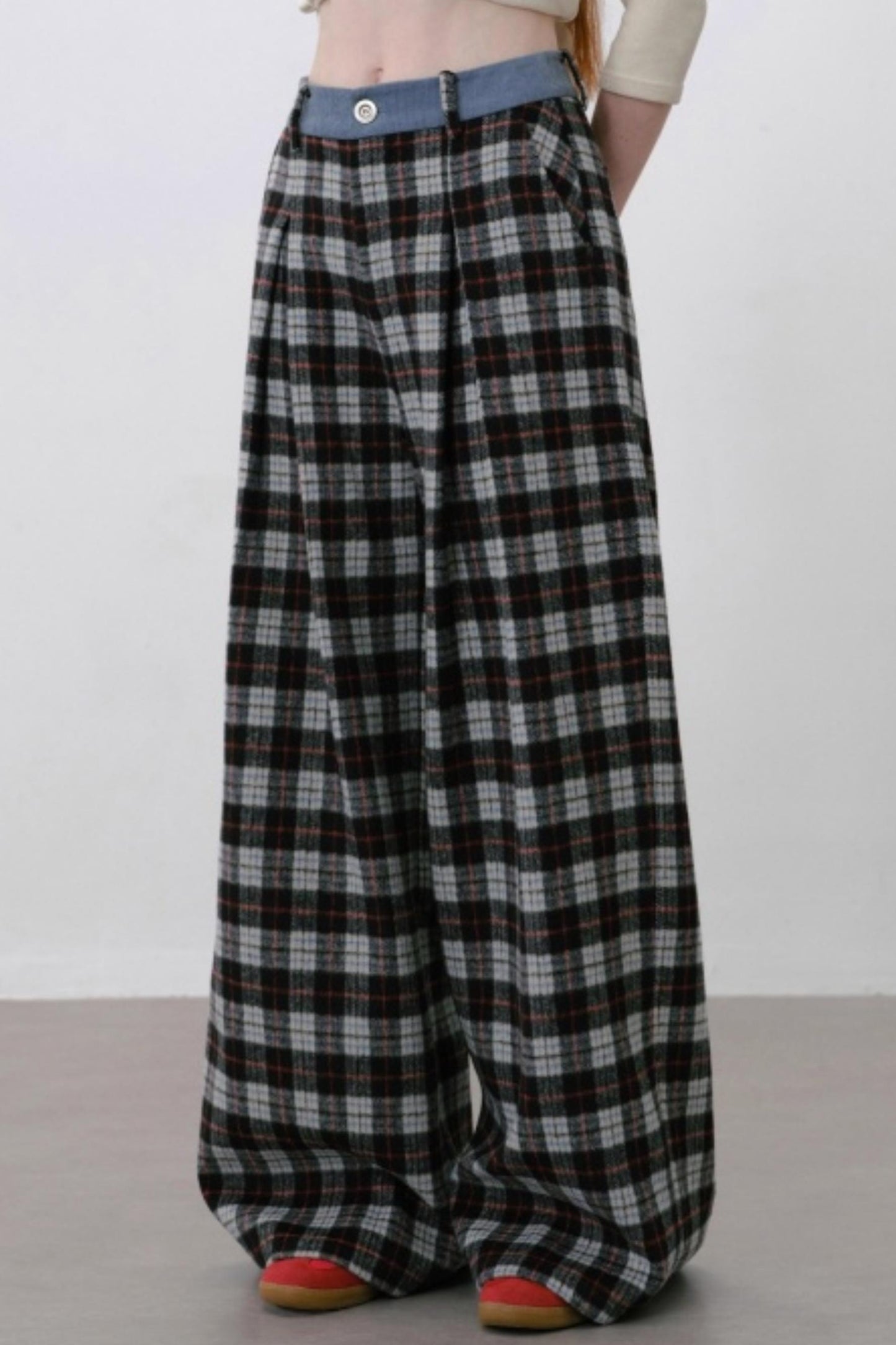 Retro Style Plaid Wide-Leg Pants
