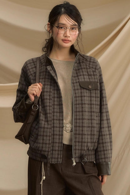 Stand Collar Plaid Woolen Jacket