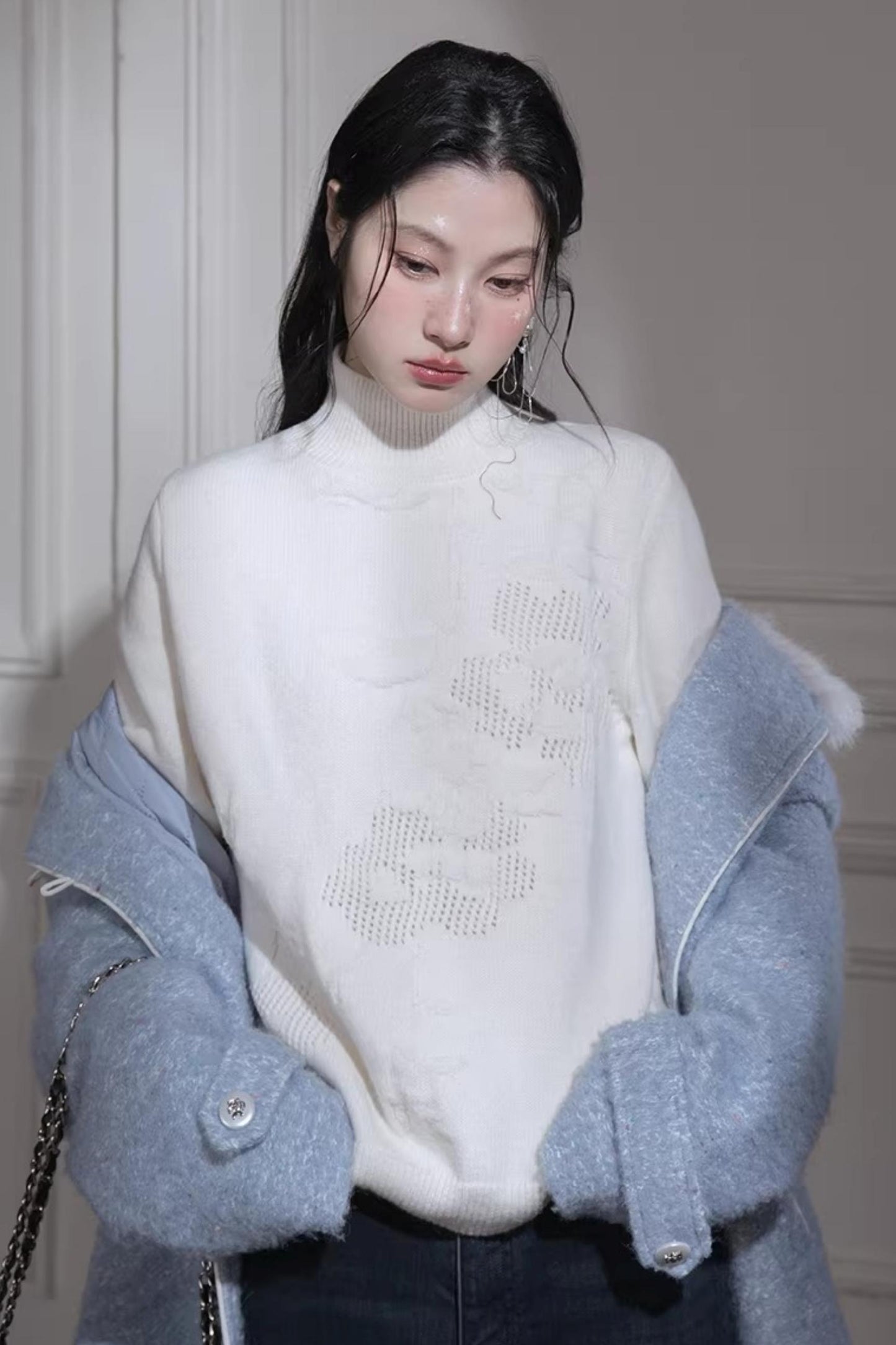 Milky White Floral Wool Sweater