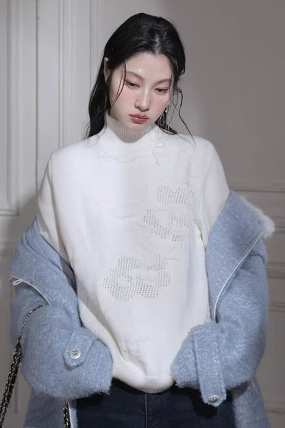 Milky White Floral Wool Sweater