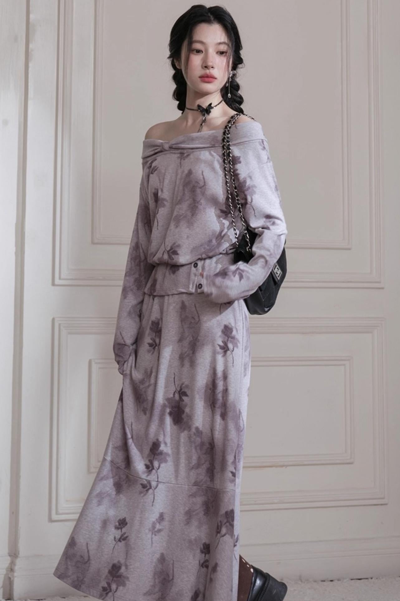 Cloud Gray Purple Bow Neck Knit Skirt Set