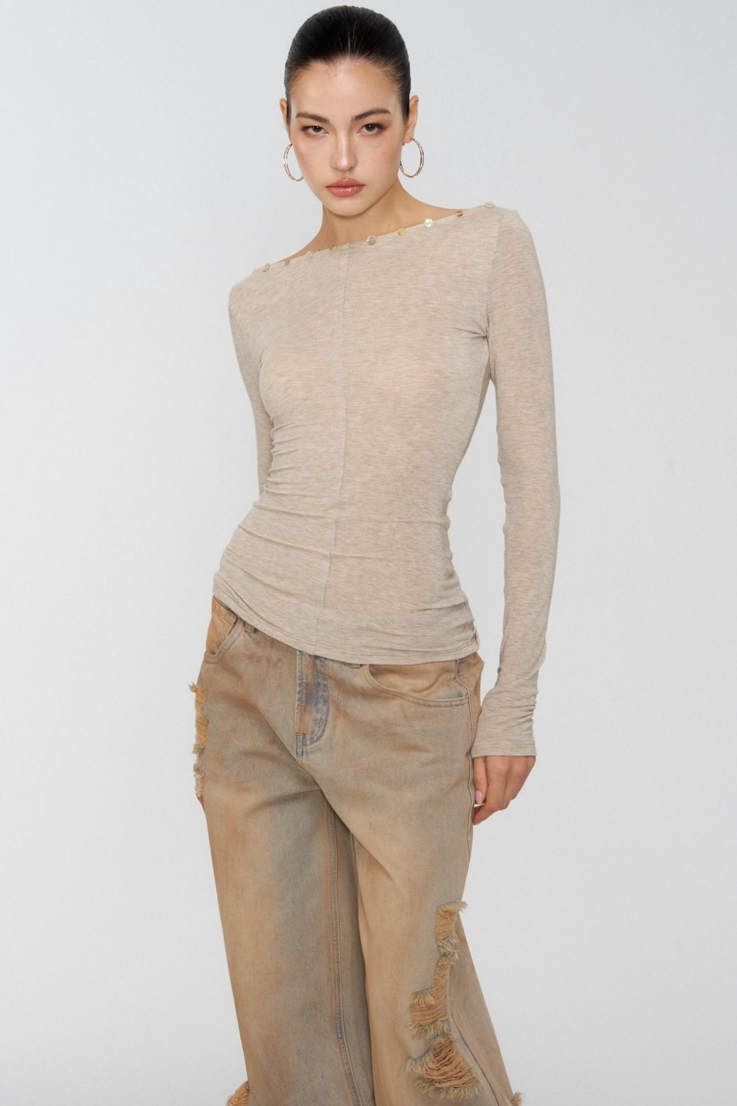 Diamond Khaki V-Neck One-Shoulder Top