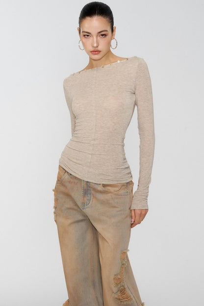 Diamond Khaki V-Neck One-Shoulder Top