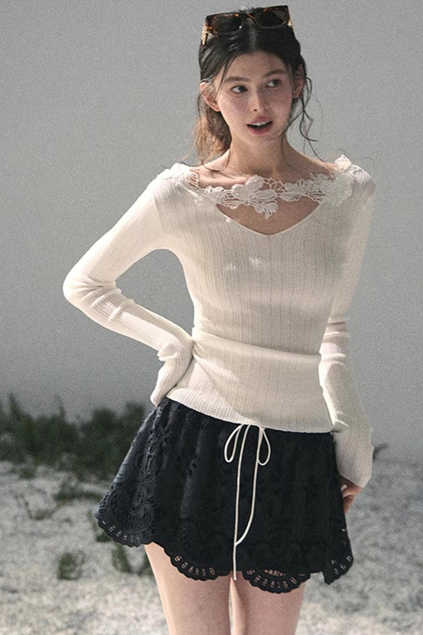 Lace-Trimmed Knitted Top