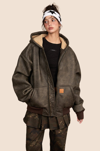 Distressed Fur Fleece Hooded Jacket