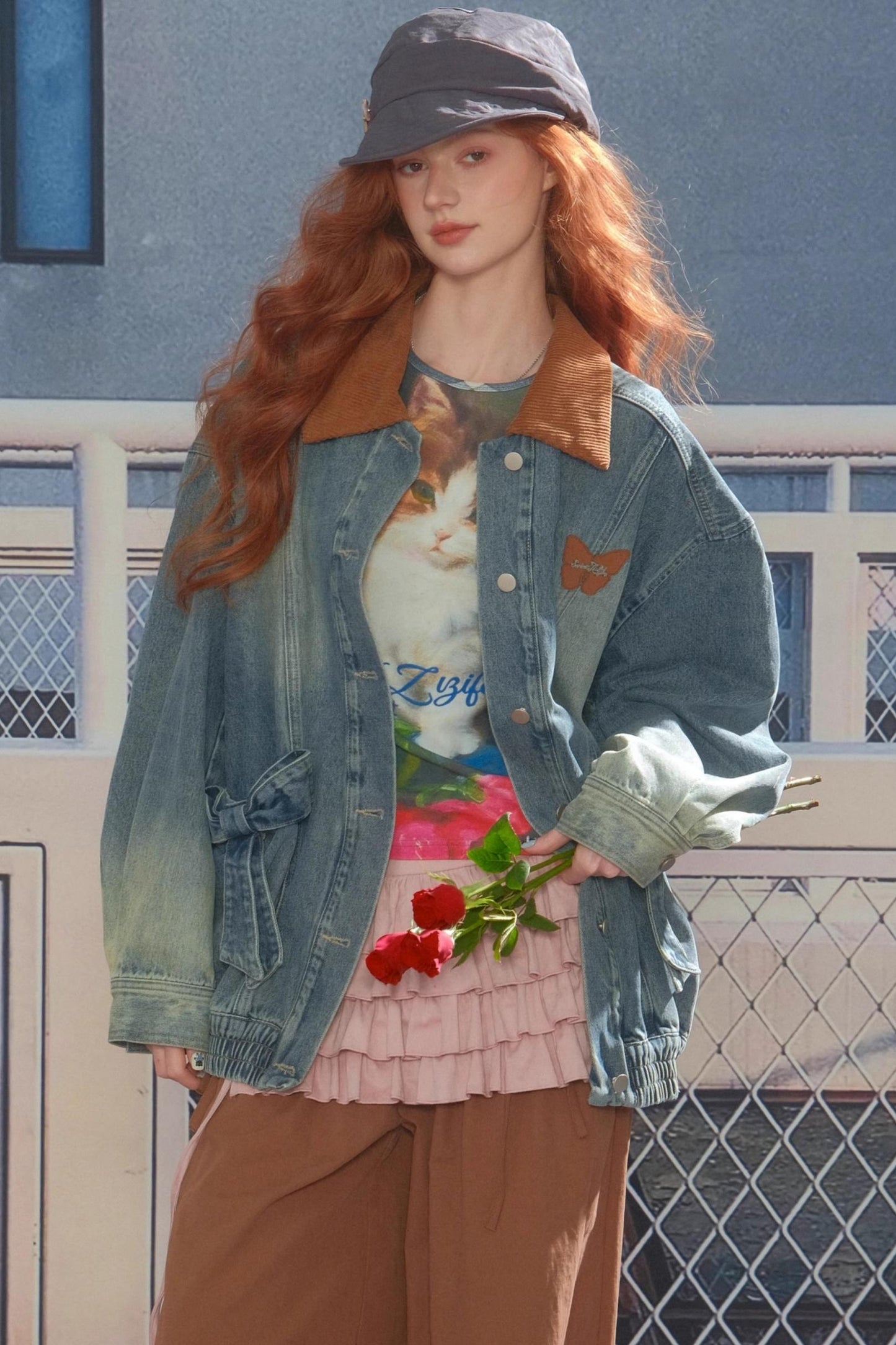 Bow Corduroy Collar Retro Denim Jacket