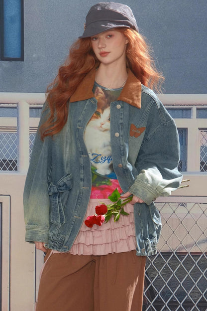 Bow Corduroy Collar Retro Denim Jacket