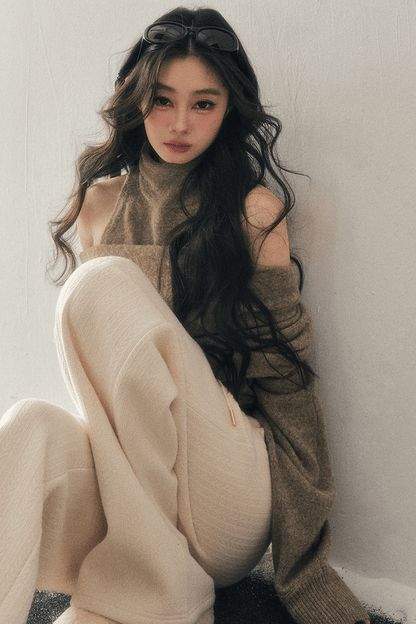 High-Neck Off-Shoulder Knit Sweater Set