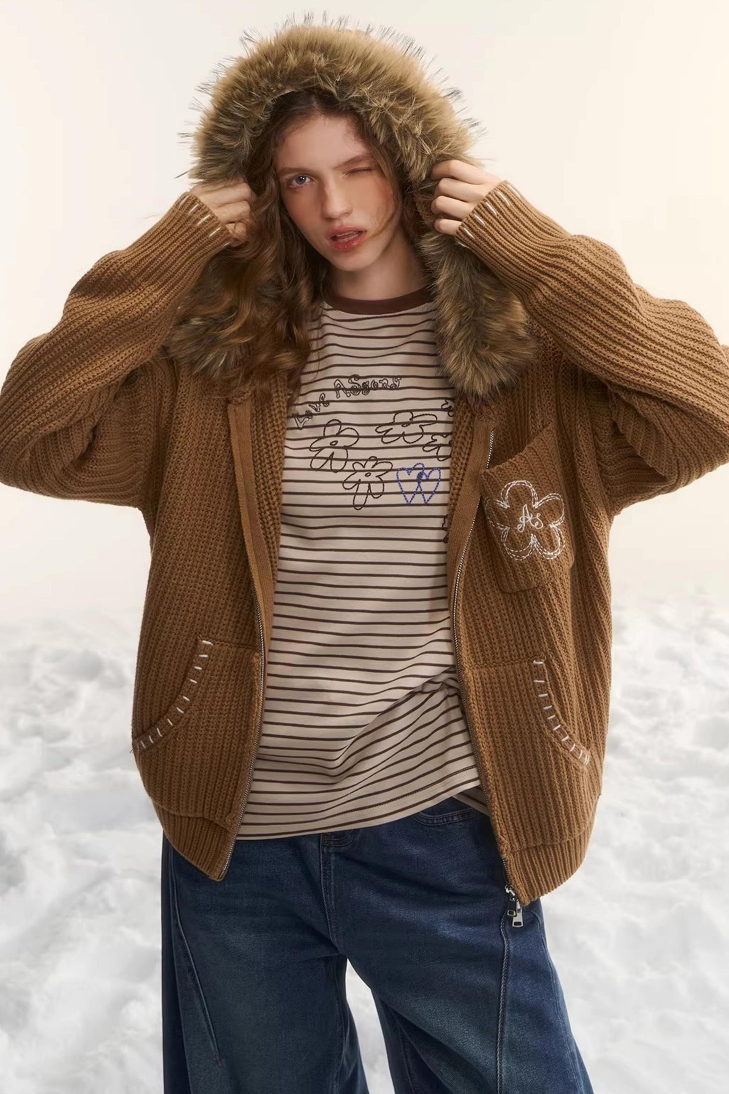 Detachable Fur Hooded Cardigan