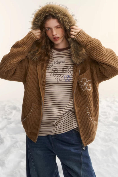Detachable Fur Hooded Cardigan