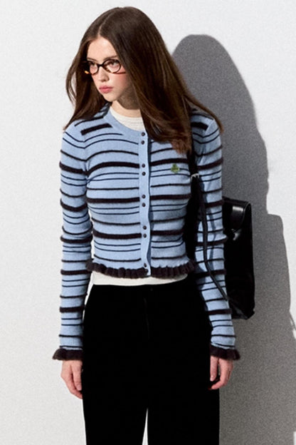 Rolled-Edge Striped Sweater Cardigan