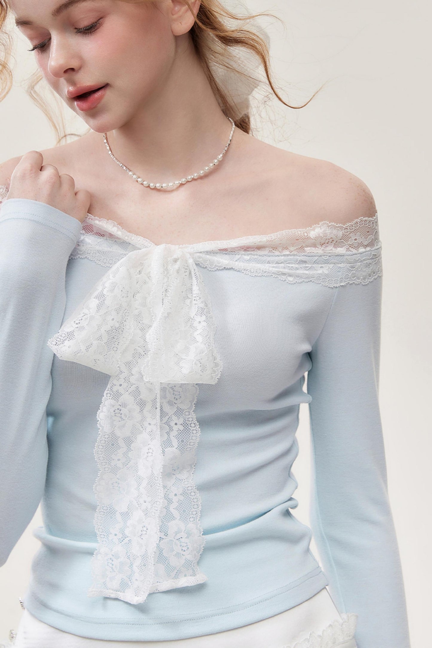 Light  Blue Lace One-Shoulder Top
