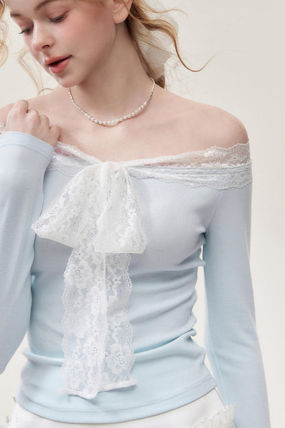Light  Blue Lace One-Shoulder Top